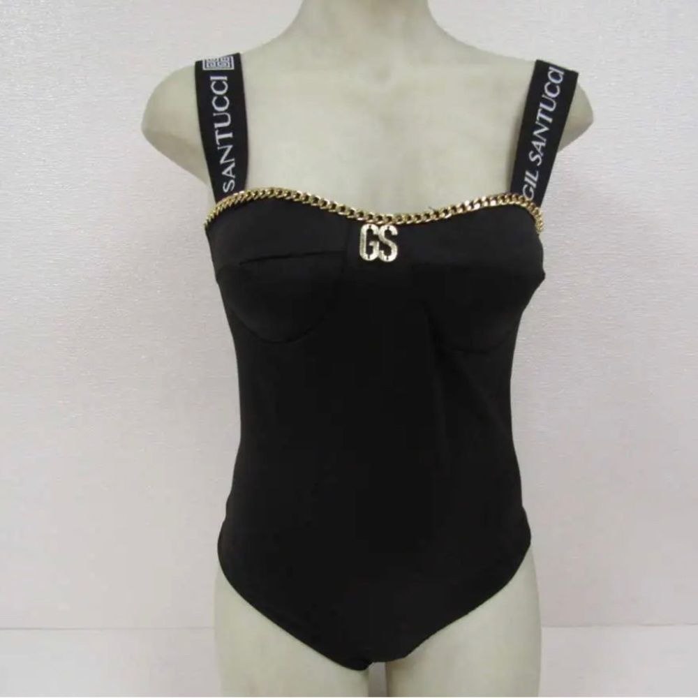 NWT Gil Santucci Women's OS Logo Strap Bodysuit Black. One size